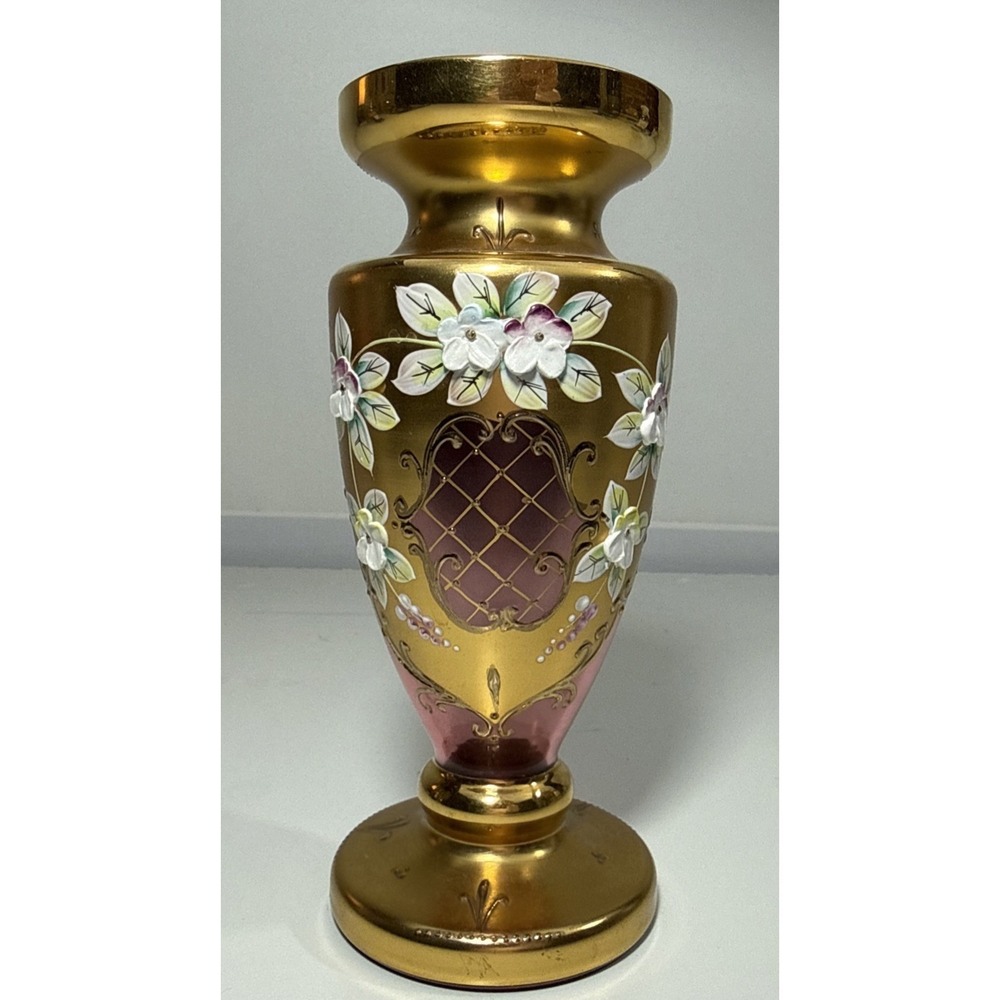 Vtg Bohemian Czech Egermann Cranberry w/ Gold Enameled Floral Glass Vase 7" 🔥